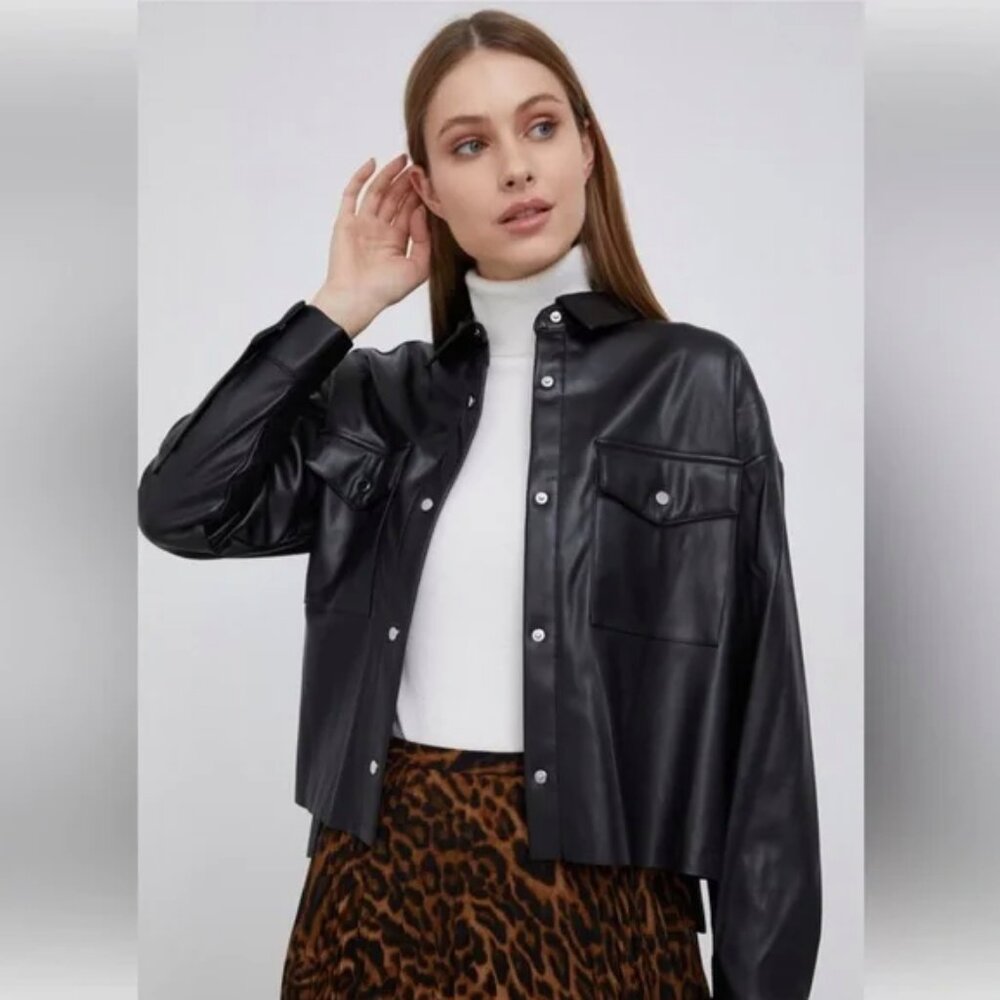 DKNY Black Leather Button Down Shirt
